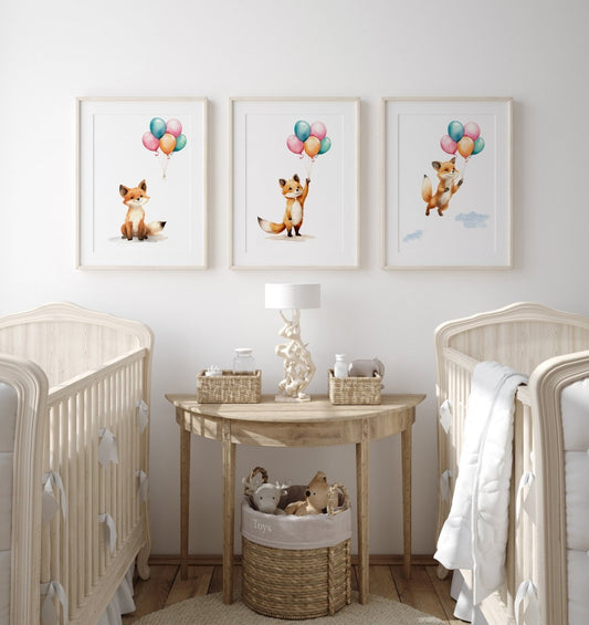 Fox & Balloons Nursery Prints | Set of 3 | Gender Neutral Wall Art for Baby's Bedroom - RoseRowanDesign -