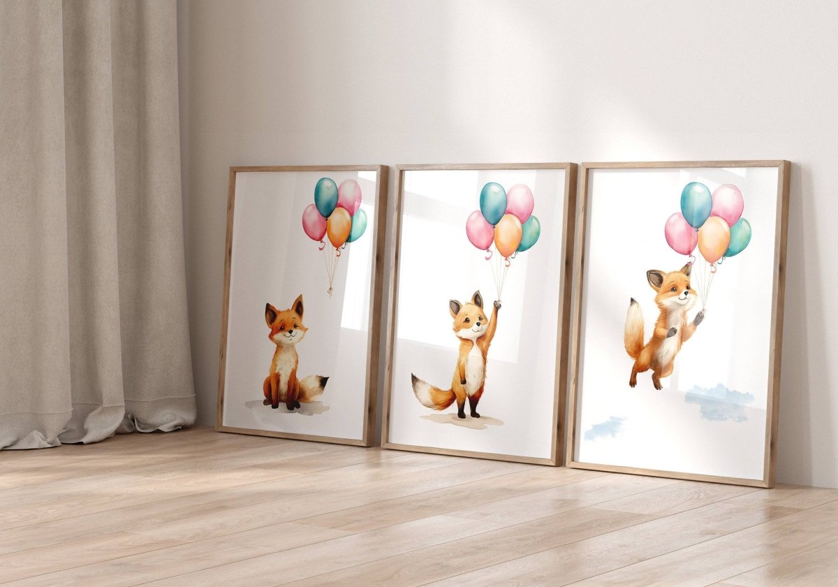 Fox & Balloons Nursery Prints | Set of 3 | Gender Neutral Wall Art for Baby's Bedroom - RoseRowanDesign -