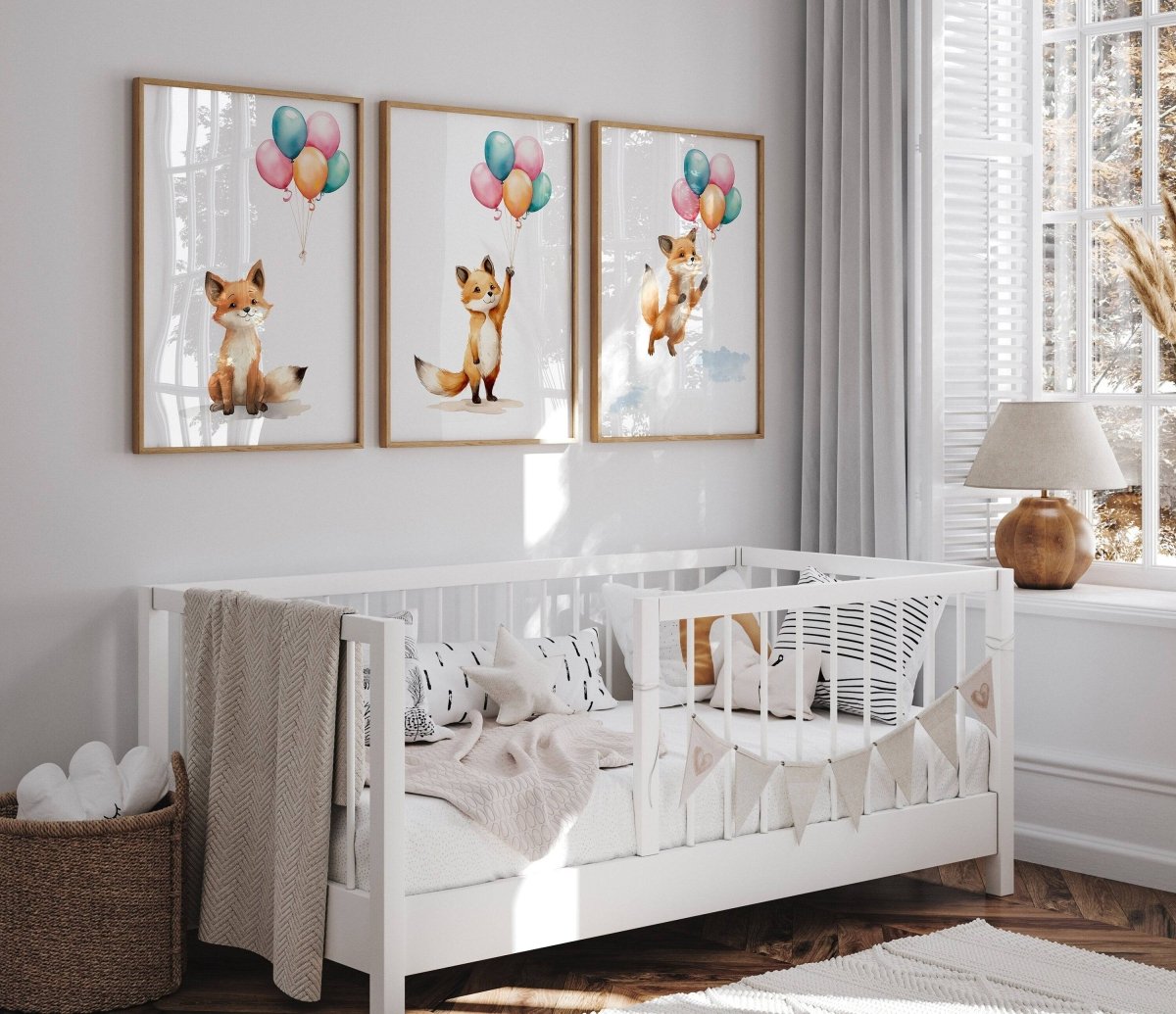 Fox & Balloons Nursery Prints | Set of 3 | Gender Neutral Wall Art for Baby's Bedroom - RoseRowanDesign -