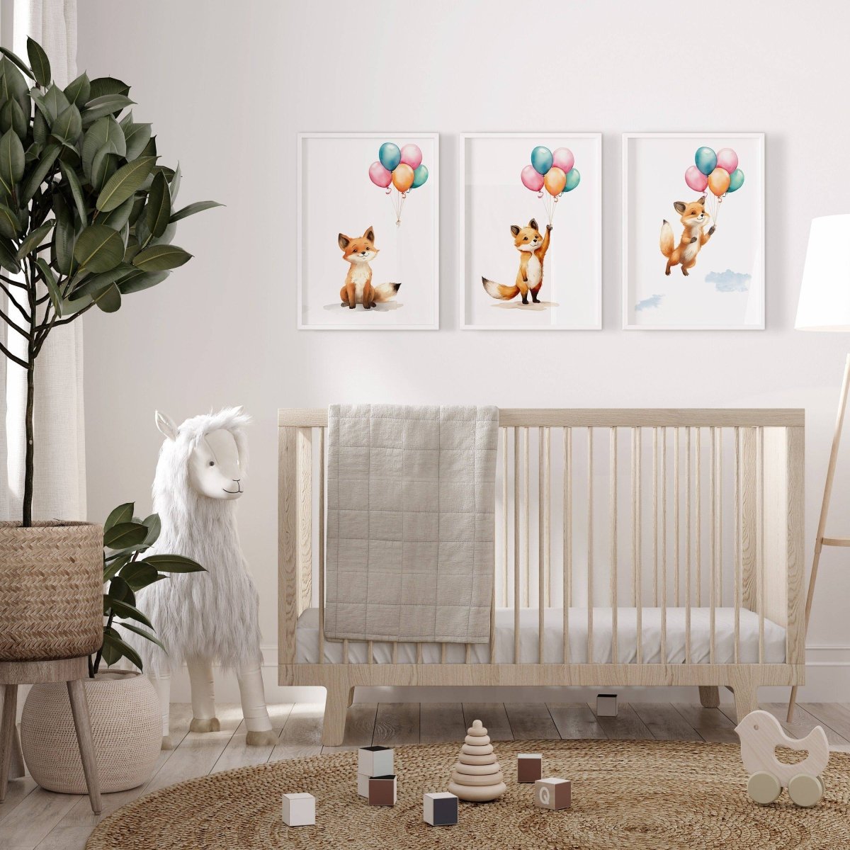 Fox & Balloons Nursery Prints | Set of 3 | Gender Neutral Wall Art for Baby's Bedroom - RoseRowanDesign -