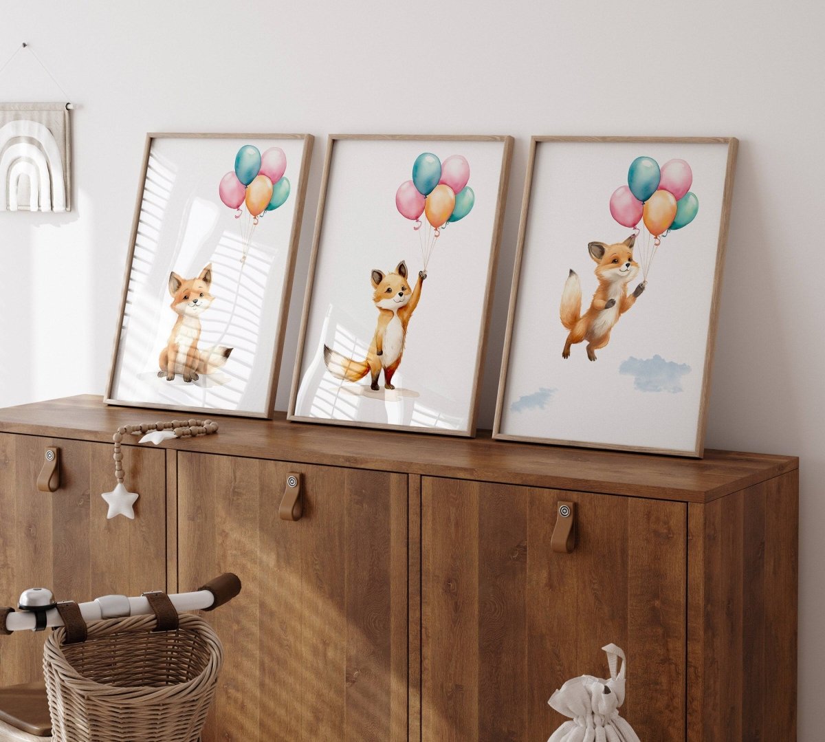 Fox & Balloons Nursery Prints | Set of 3 | Gender Neutral Wall Art for Baby's Bedroom - RoseRowanDesign -