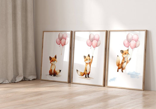 Fox & Balloons Nursery Prints | Set of 3 | Neutral Baby Girl Wall Art for Bedroom - RoseRowanDesign -