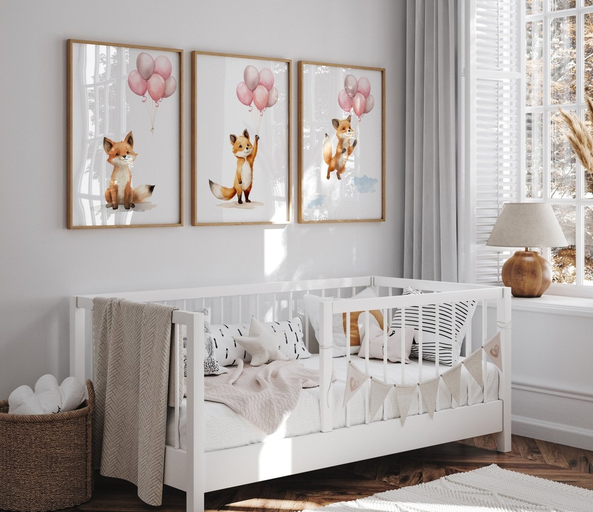 Fox & Balloons Nursery Prints | Set of 3 | Neutral Baby Girl Wall Art for Bedroom - RoseRowanDesign -