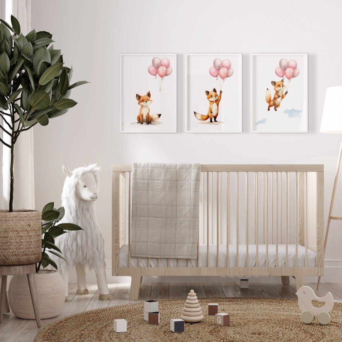Fox & Balloons Nursery Prints | Set of 3 | Neutral Baby Girl Wall Art for Bedroom - RoseRowanDesign -