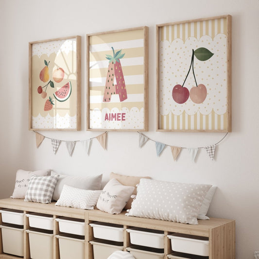 Fruit Personalised Set of 3 Prints | Cherry Nursery Wall Art - RoseRowanDesign - Wall Art