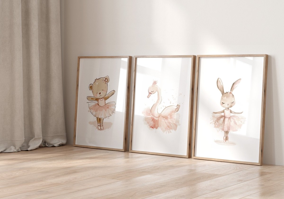 Girls Ballet Nursery Prints | Set of 3 | Bunny, Swan & Teddy in Pink Tutus for Girls' Bedroom - RoseRowanDesign -