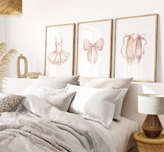 Girls Ballet Nursery Prints | Set of 3 | Pink Tutu, Bow & Ballet Shoes Decor - RoseRowanDesign -