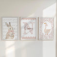 Load image into Gallery viewer, Girls Nursery Wall Art Set of 3, Bunny & Goose Prints with Personalised Name, Blush Pink Floral, Cottagecore Baby Room Decor - RoseRowanDesign -