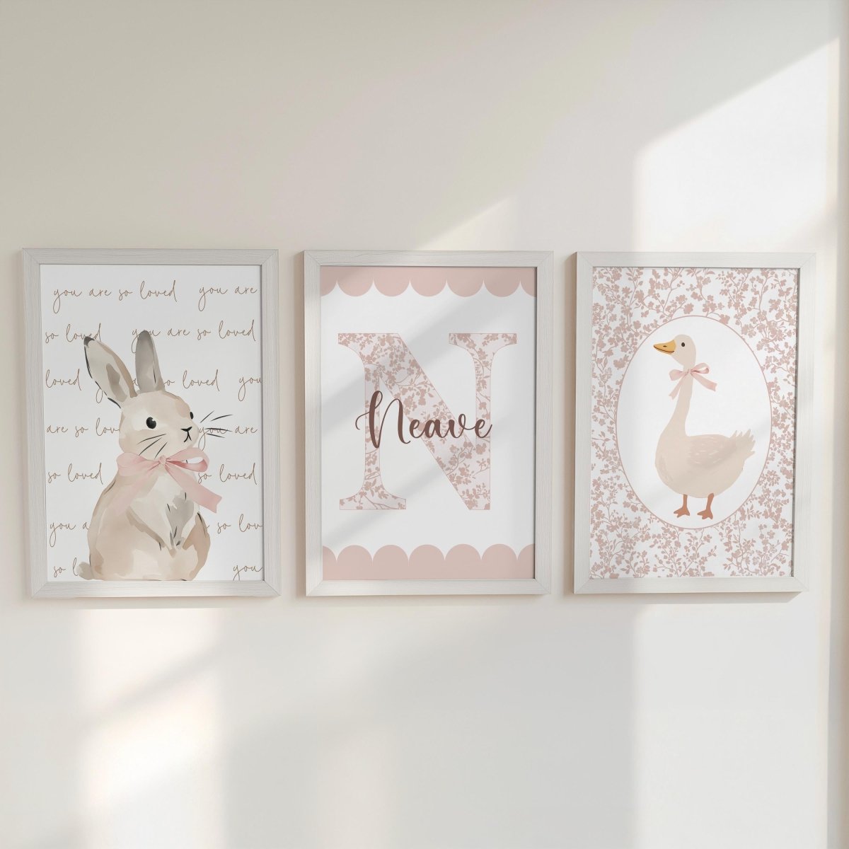 Girls Nursery Wall Art Set of 3, Bunny & Goose Prints with Personalised Name, Blush Pink Floral, Cottagecore Baby Room Decor - RoseRowanDesign -