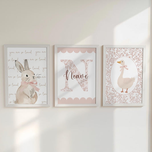 Girls Nursery Wall Art Set of 3, Bunny & Goose Prints with Personalised Name, Blush Pink Floral, Cottagecore Baby Room Decor - RoseRowanDesign -