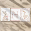 Load image into Gallery viewer, Girls Nursery Wall Art Set of 3, Bunny & Goose Prints with Personalised Name, Blush Pink Floral, Cottagecore Baby Room Decor - RoseRowanDesign -