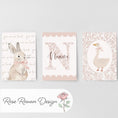 Load image into Gallery viewer, Girls Nursery Wall Art Set of 3, Bunny & Goose Prints with Personalised Name, Blush Pink Floral, Cottagecore Baby Room Decor - RoseRowanDesign -