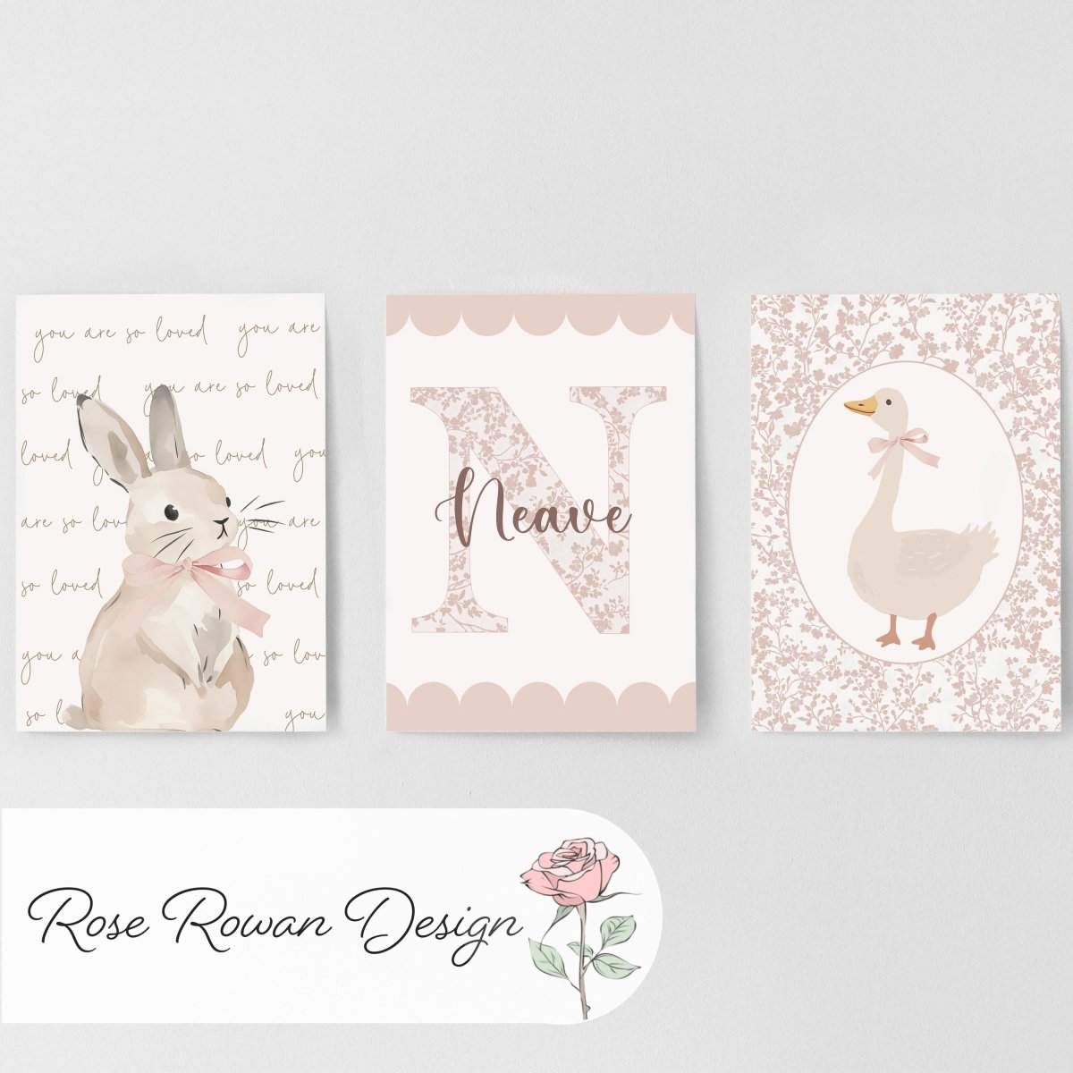 Girls Nursery Wall Art Set of 3, Bunny & Goose Prints with Personalised Name, Blush Pink Floral, Cottagecore Baby Room Decor - RoseRowanDesign -