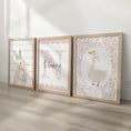 Load image into Gallery viewer, Girls Nursery Wall Art Set of 3, Bunny & Goose Prints with Personalised Name, Blush Pink Floral, Cottagecore Baby Room Decor - RoseRowanDesign -