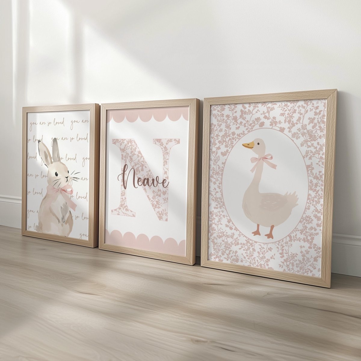 Girls Nursery Wall Art Set of 3, Bunny & Goose Prints with Personalised Name, Blush Pink Floral, Cottagecore Baby Room Decor - RoseRowanDesign -