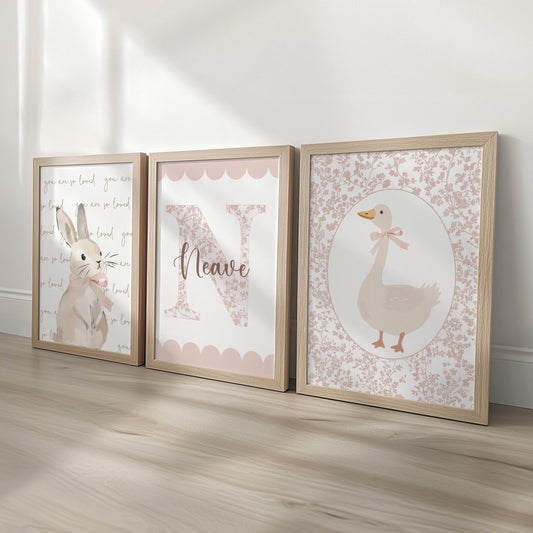 Girls Nursery Wall Art Set of 3, Bunny & Goose Prints with Personalised Name, Blush Pink Floral, Cottagecore Baby Room Decor - RoseRowanDesign -