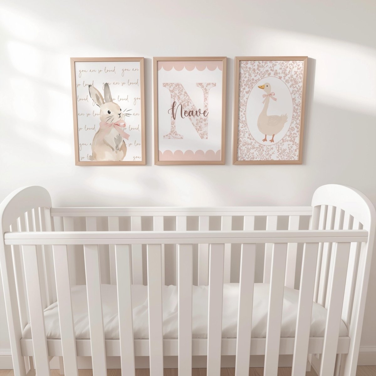 Girls Nursery Wall Art Set of 3, Bunny & Goose Prints with Personalised Name, Blush Pink Floral, Cottagecore Baby Room Decor - RoseRowanDesign -