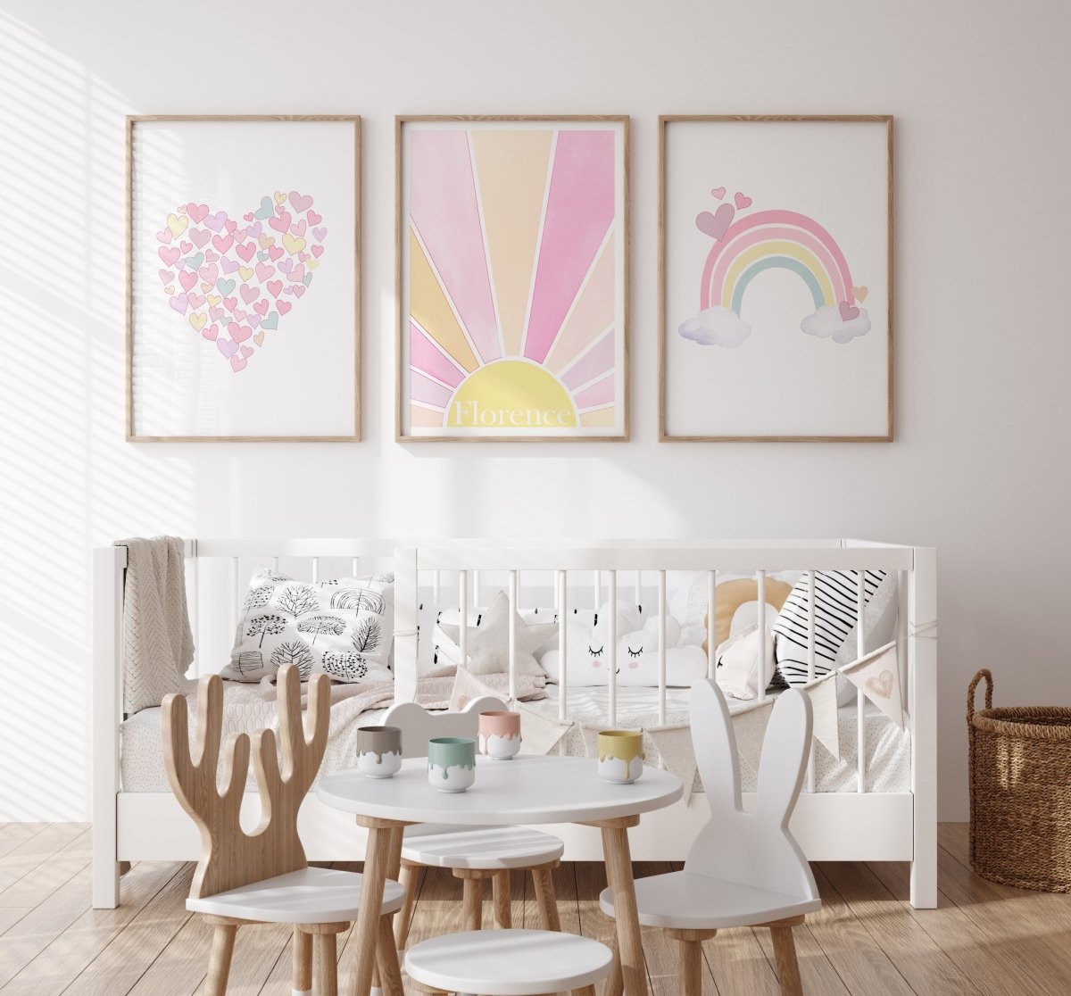 Girls Personalised Rainbow Set of 3 Wall Prints | Wall Art for Nursery, Bedroom or Playroom - RoseRowanDesign - Wall Art