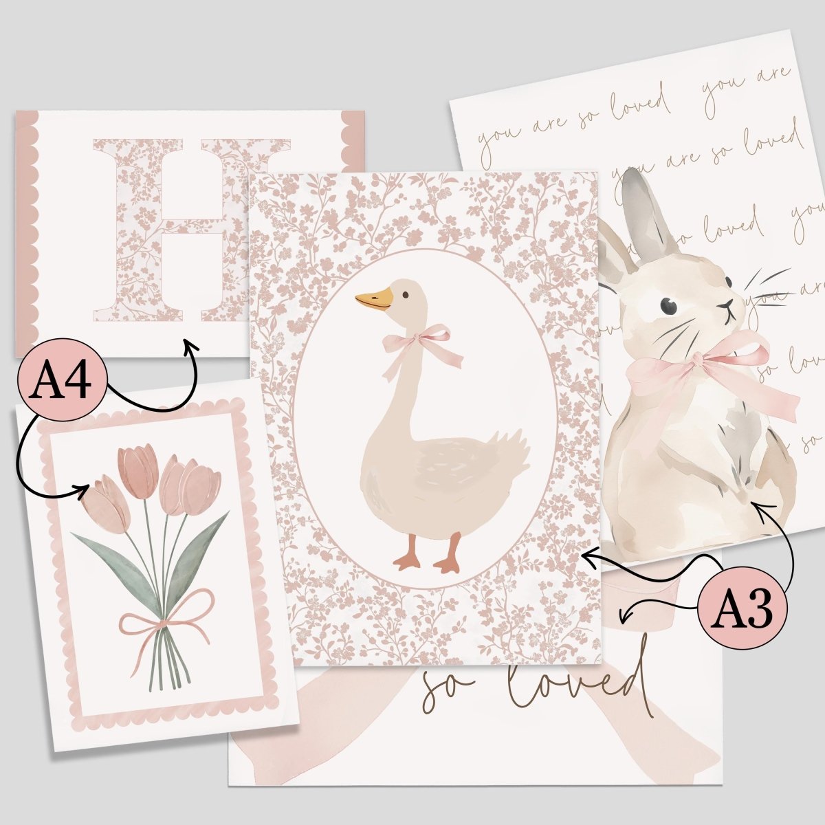 Girls Room Nursery Gallery Wall Art– Bunny & Floral Wall Art - RoseRowanDesign - Wall Art