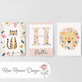Load image into Gallery viewer, Girls Safari Nursery Wall Art Set of 3, Floral Lion & Tiger Prints with Personalised Name, Pink Jungle Baby Room Decor - RoseRowanDesign -