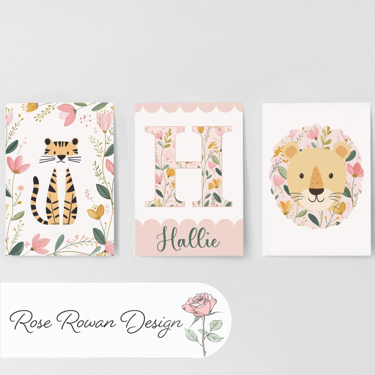 Girls Safari Nursery Wall Art Set of 3, Floral Lion & Tiger Prints with Personalised Name, Pink Jungle Baby Room Decor - RoseRowanDesign -