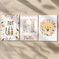 Load image into Gallery viewer, Girls Safari Nursery Wall Art Set of 3, Floral Lion & Tiger Prints with Personalised Name, Pink Jungle Baby Room Decor - RoseRowanDesign -
