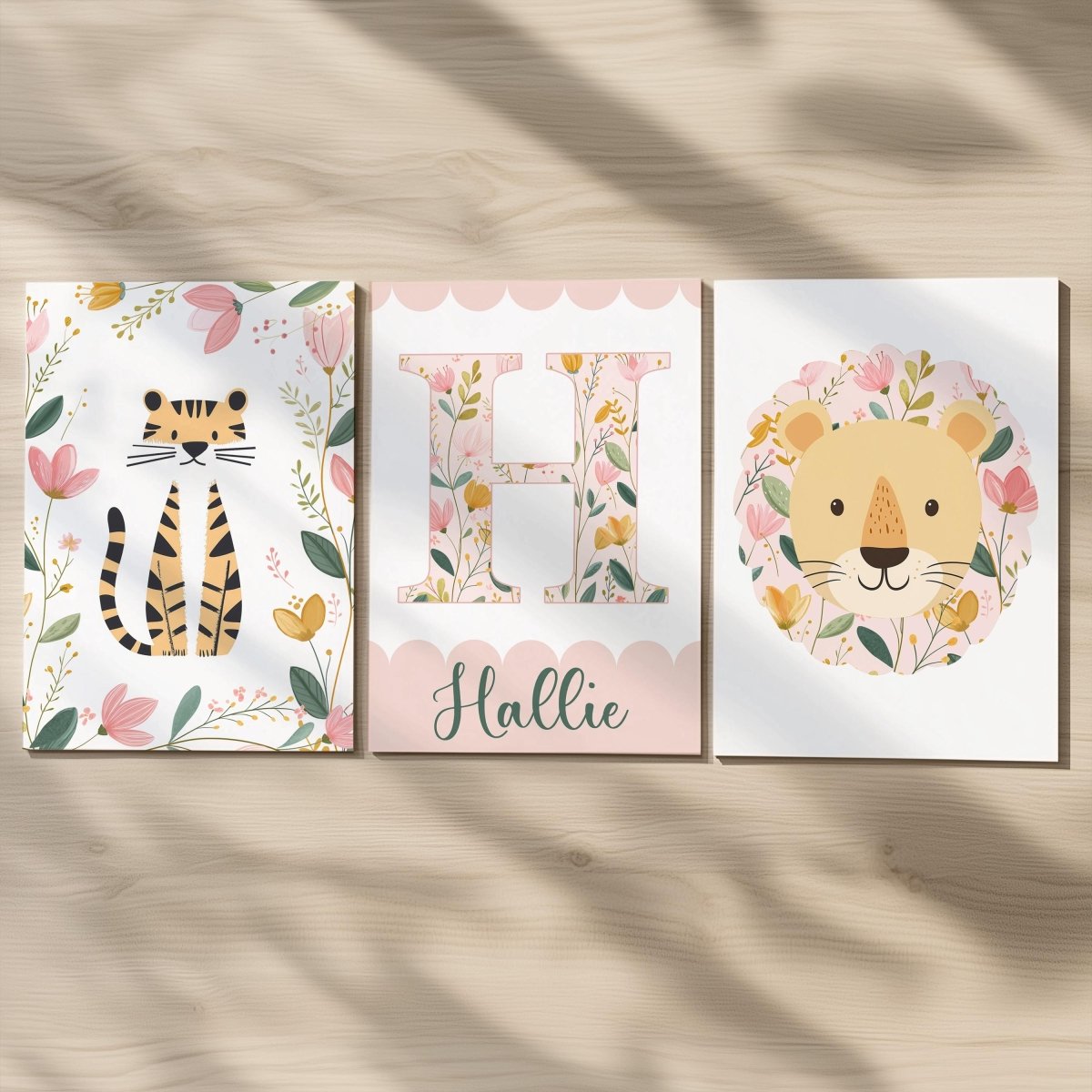 Girls Safari Nursery Wall Art Set of 3, Floral Lion & Tiger Prints with Personalised Name, Pink Jungle Baby Room Decor - RoseRowanDesign -