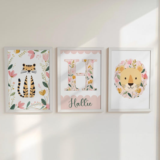 Girls Safari Nursery Wall Art Set of 3, Floral Lion & Tiger Prints with Personalised Name, Pink Jungle Baby Room Decor - RoseRowanDesign -