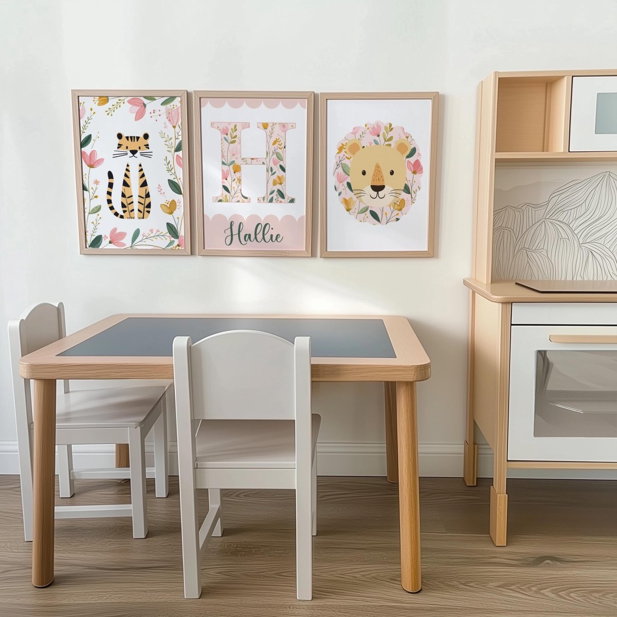Girls Safari Nursery Wall Art Set of 3, Floral Lion & Tiger Prints with Personalised Name, Pink Jungle Baby Room Decor - RoseRowanDesign -
