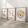 Load image into Gallery viewer, Girls Safari Nursery Wall Art Set of 3, Floral Lion & Tiger Prints with Personalised Name, Pink Jungle Baby Room Decor - RoseRowanDesign -