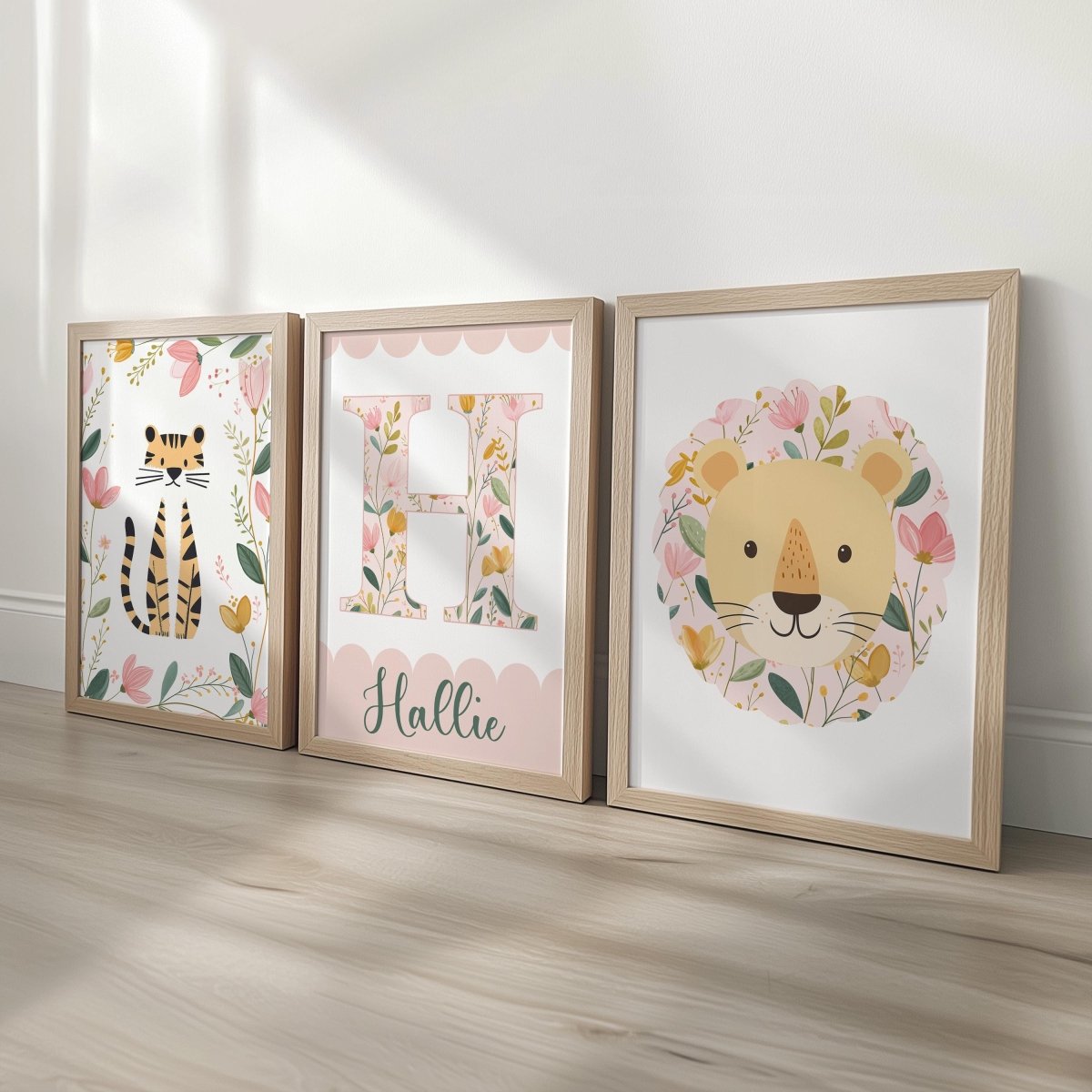 Girls Safari Nursery Wall Art Set of 3, Floral Lion & Tiger Prints with Personalised Name, Pink Jungle Baby Room Decor - RoseRowanDesign -