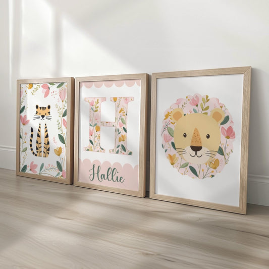Girls Safari Nursery Wall Art Set of 3, Floral Lion & Tiger Prints with Personalised Name, Pink Jungle Baby Room Decor - RoseRowanDesign -