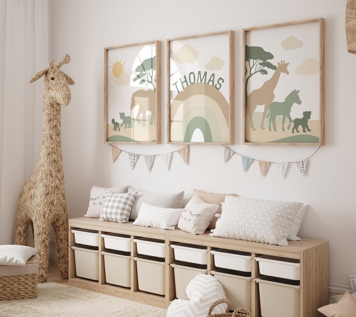 Green & Beige Safari Animals | Set of 3 Prints | Rainbow Nursery Art - RoseRowanDesign - Wall Art