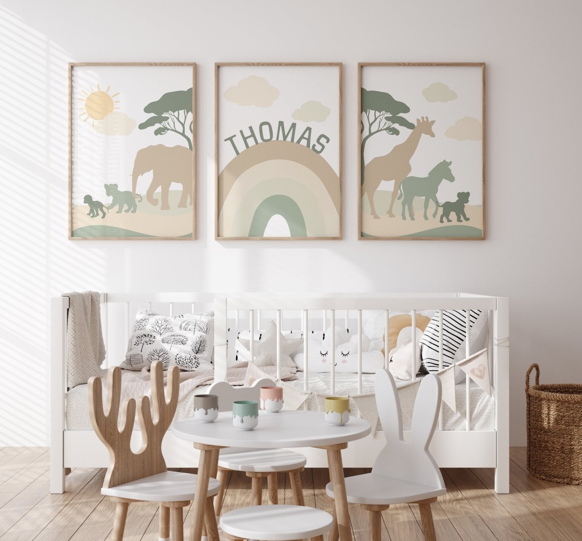 Green & Beige Safari Animals | Set of 3 Prints | Rainbow Nursery Art - RoseRowanDesign - Wall Art