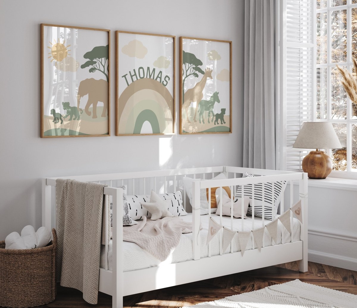 Green & Beige Safari Animals | Set of 3 Prints | Rainbow Nursery Art - RoseRowanDesign - Wall Art