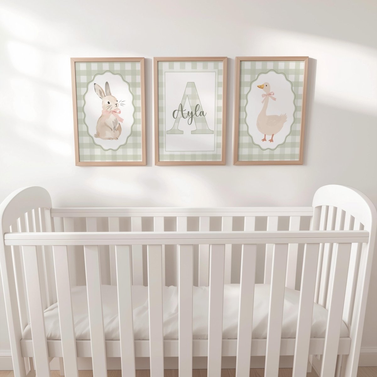 Green Gingham Nursery Prints – Bunny, Goose & Personalised Name Set - RoseRowanDesign -