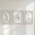 Load image into Gallery viewer, Green Gingham Nursery Prints – Bunny, Goose & Personalised Name Set - RoseRowanDesign -
