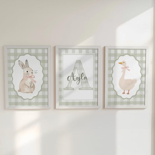 Green Gingham Nursery Prints – Bunny, Goose & Personalised Name Set - RoseRowanDesign -