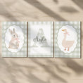 Load image into Gallery viewer, Green Gingham Nursery Prints – Bunny, Goose & Personalised Name Set - RoseRowanDesign -