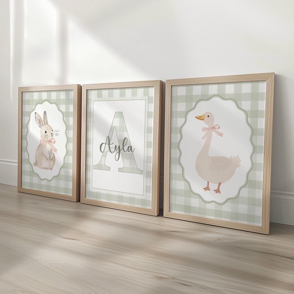 Green Gingham Nursery Prints – Bunny, Goose & Personalised Name Set - RoseRowanDesign -