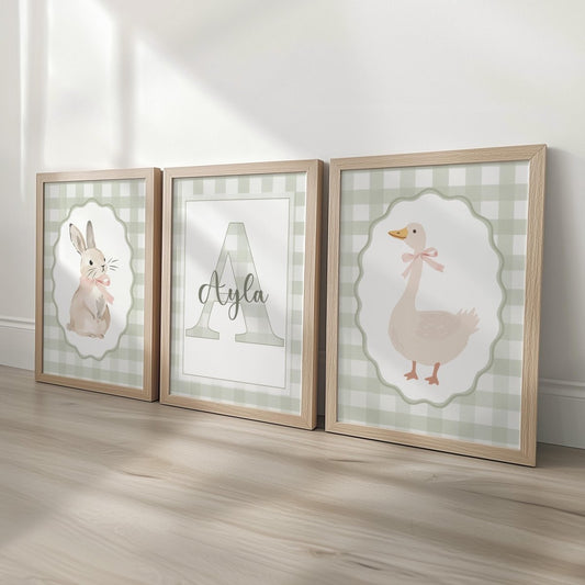 Green Gingham Nursery Prints – Bunny, Goose & Personalised Name Set - RoseRowanDesign -