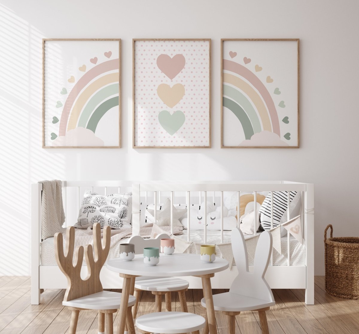 Hearts and Rainbow | Set of 3 Prints | Dusty Pink and Green - RoseRowanDesign - Wall Art