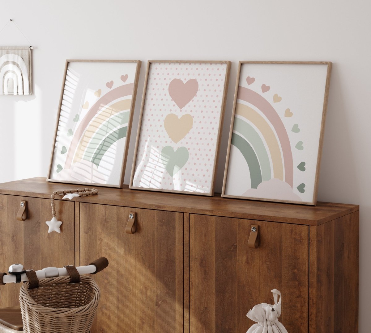 Hearts and Rainbow | Set of 3 Prints | Dusty Pink and Green - RoseRowanDesign - Wall Art