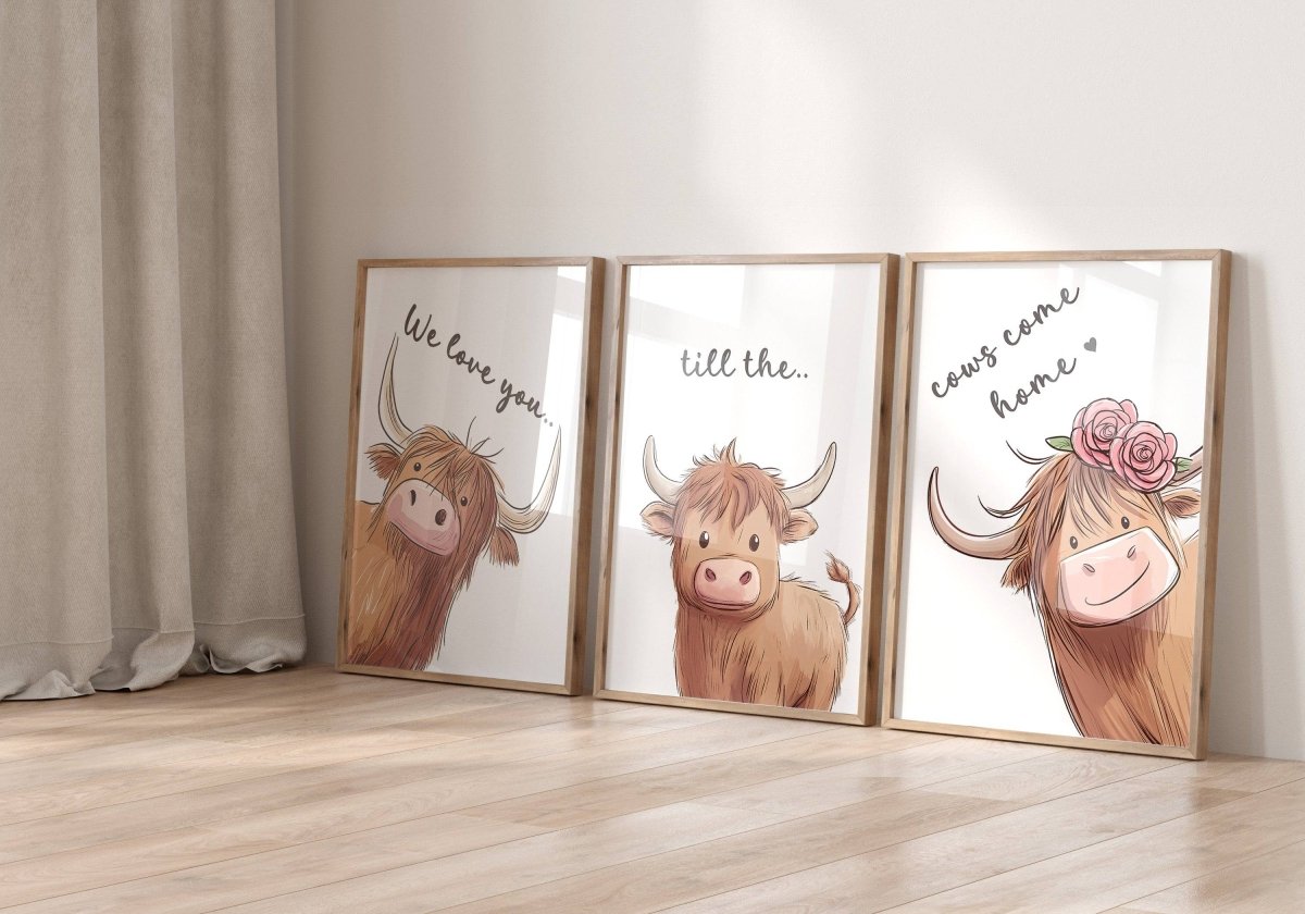 Highland Cow Nursery Prints | Set of 3 | Gender Neutral Wall Art for Baby's Room - RoseRowanDesign - Wall Art