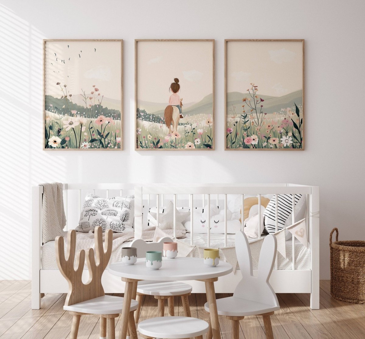 Horse Nursery Prints | Set of 3 | Pony Bedroom Wall Art for Girls, Beige Boho Playroom Decor - RoseRowanDesign -