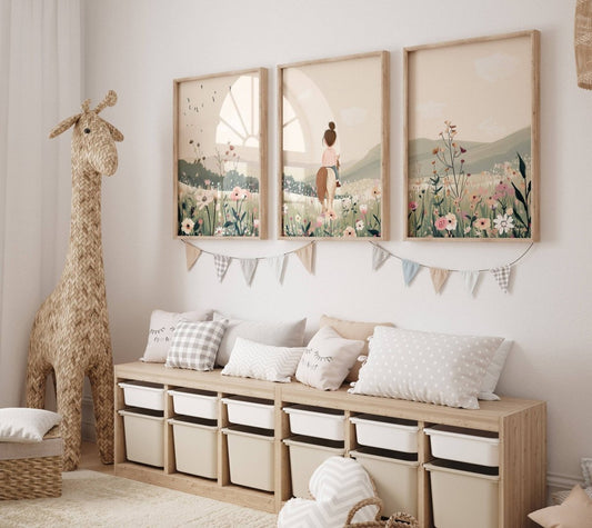 Horse Nursery Prints | Set of 3 | Pony Bedroom Wall Art for Girls, Beige Boho Playroom Decor - RoseRowanDesign -