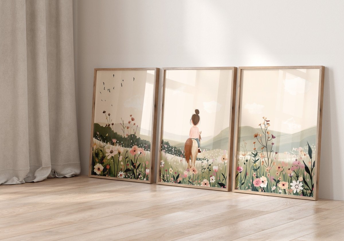 Horse Nursery Prints | Set of 3 | Pony Bedroom Wall Art for Girls, Beige Boho Playroom Decor - RoseRowanDesign -