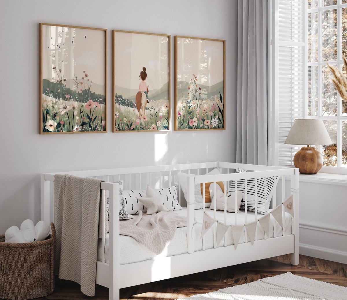 Horse Nursery Prints | Set of 3 | Pony Bedroom Wall Art for Girls, Beige Boho Playroom Decor - RoseRowanDesign -