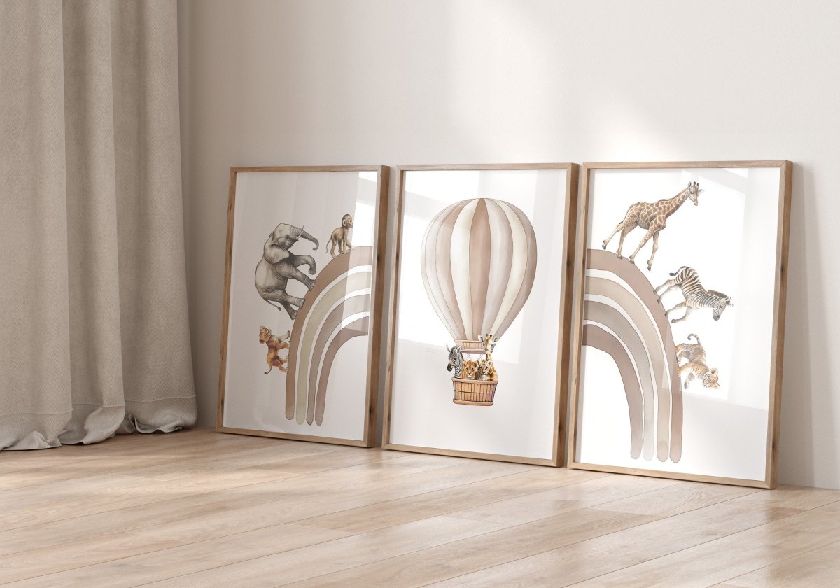 Hot Air Balloon and Rainbow Safari Animals | Beige | Set of 3 Nursery Prints - RoseRowanDesign -