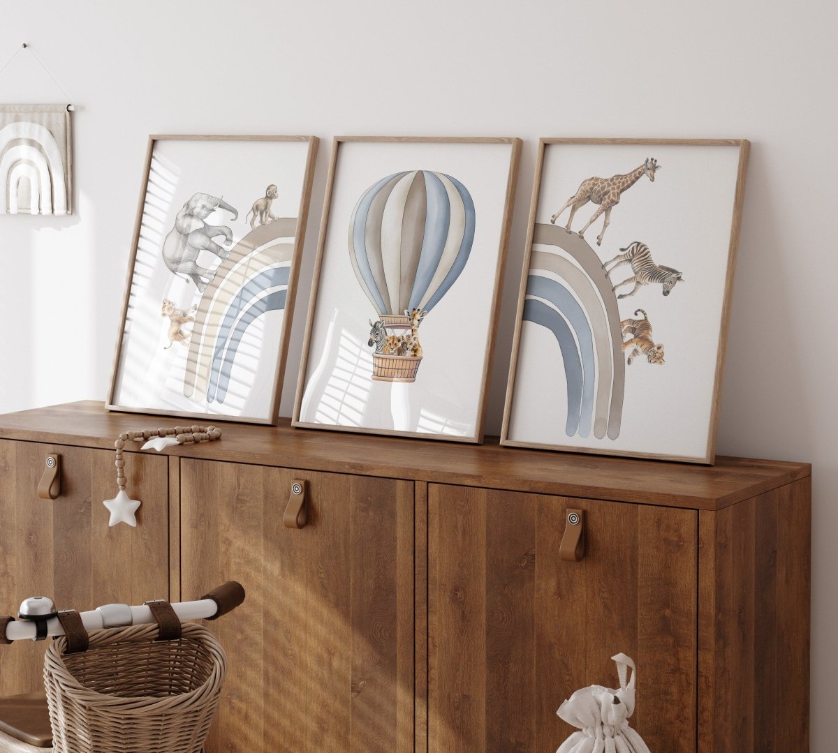 Hot Air Balloon and Rainbow Safari Animals | Blue | Set of 3 Nursery Prints - RoseRowanDesign -